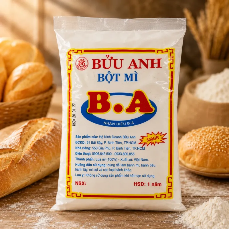 Gói bột mì nhãn hiệu B.A 500g của Bửu Anh